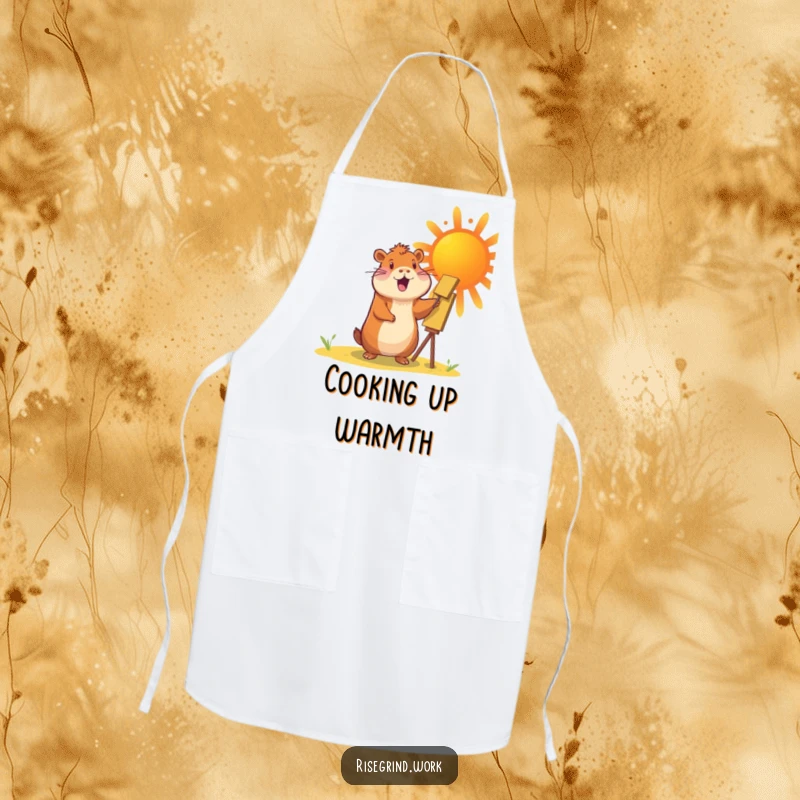 Funny Capybara Sun Painter Apron showing a cheerful capybara painting a vibrant sun while cooking.