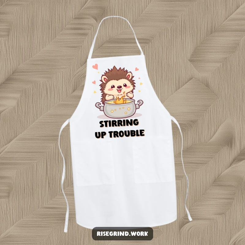 Funny hedgehog apron, showing a happy hedgehog stirring a pot of bubbling inspiration, perfect for chefs and bakers.