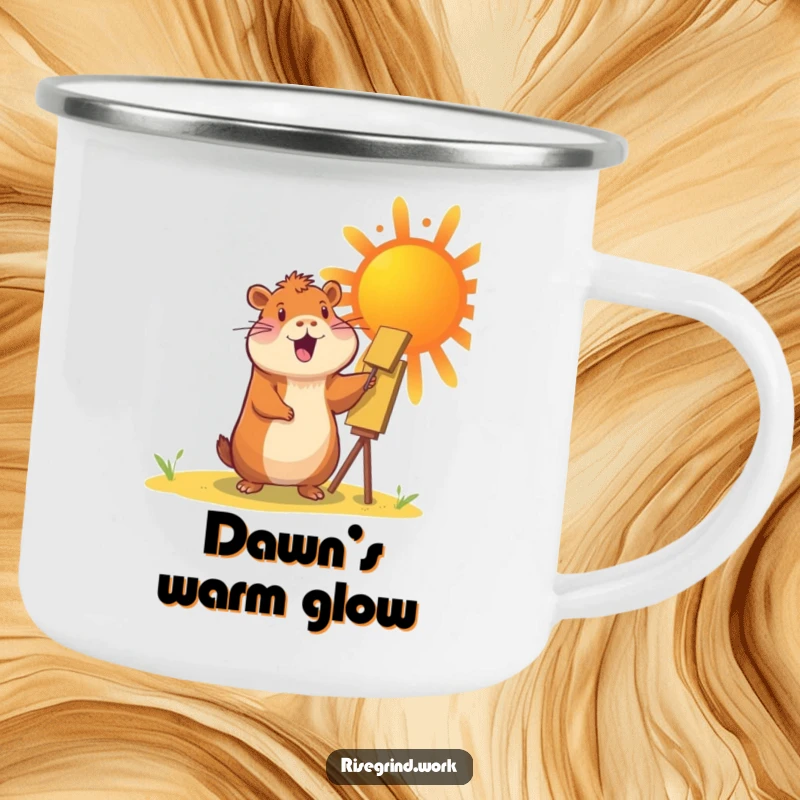 Funny Capybara Sun Painter Camping Mug showing a cheerful capybara painting a vibrant sun outdoors.
