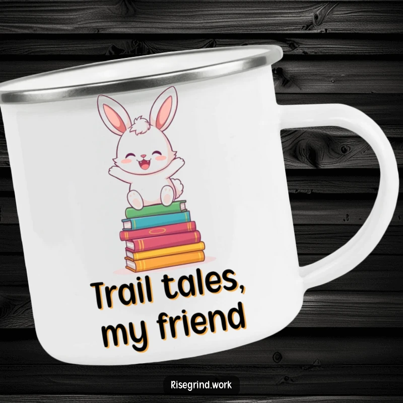 Funny Bunny Book Hopper Camping Mug showing a joyful bunny hopping over colorful books outdoors.