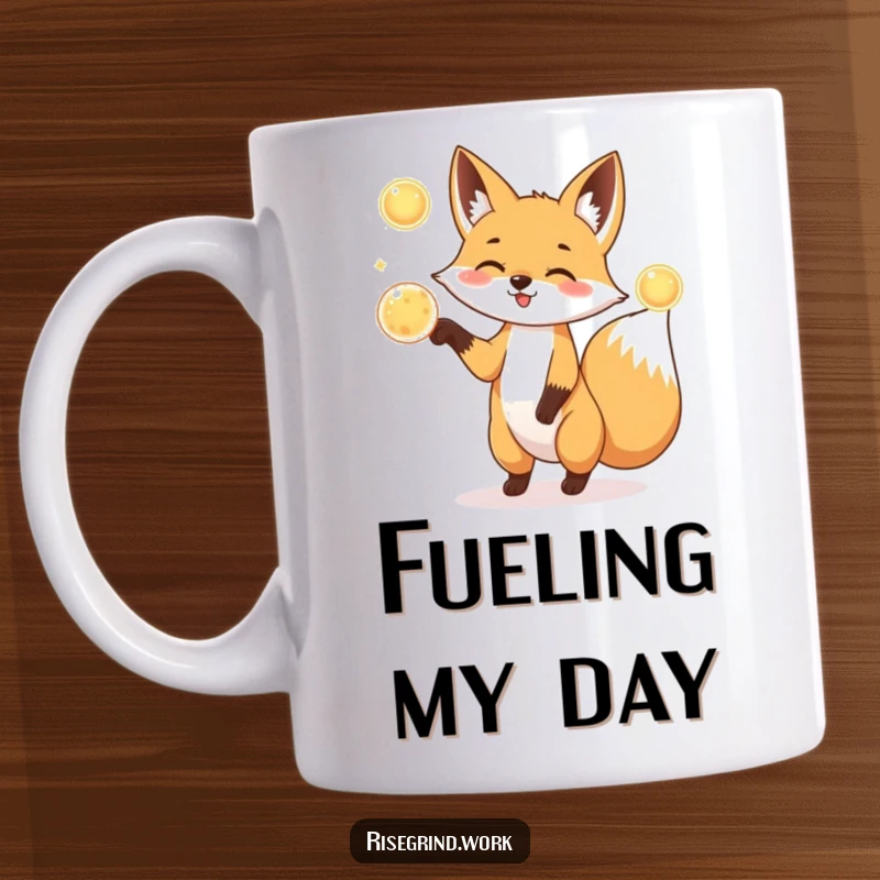 Funny Fox Juggler Mug showing a playful fox juggling three glowing energy orbs with skill.