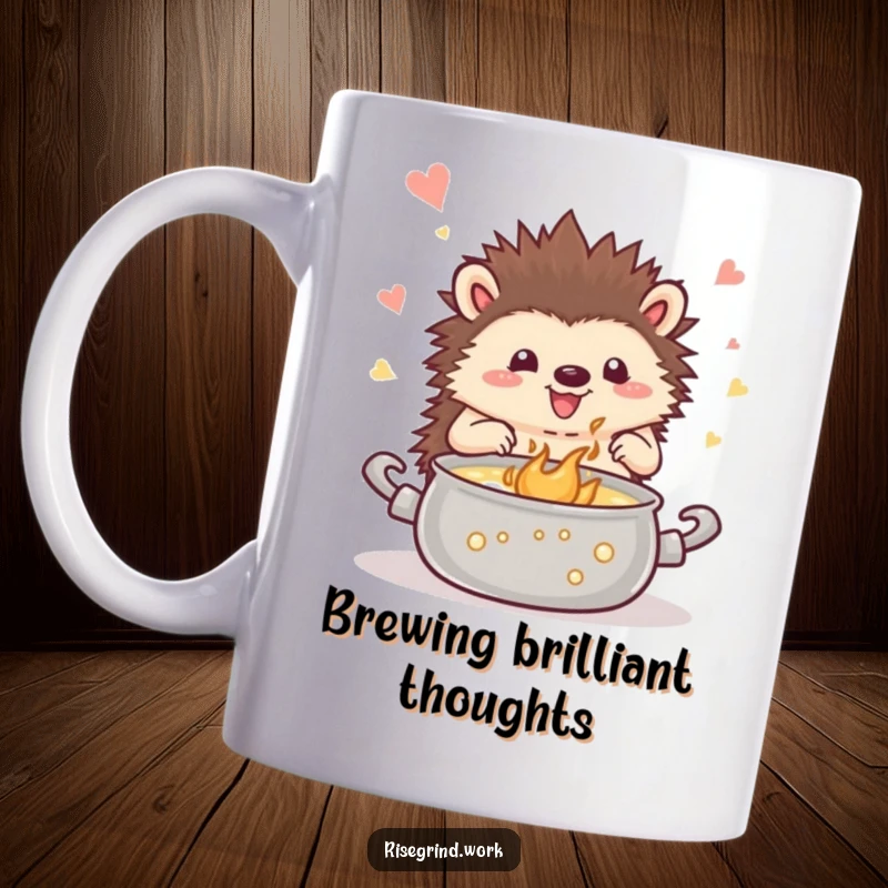 Funny hedgehog mug, happily stirring a bubbling pot labeled 'Inspiration', symbolizing creativity and new ideas.