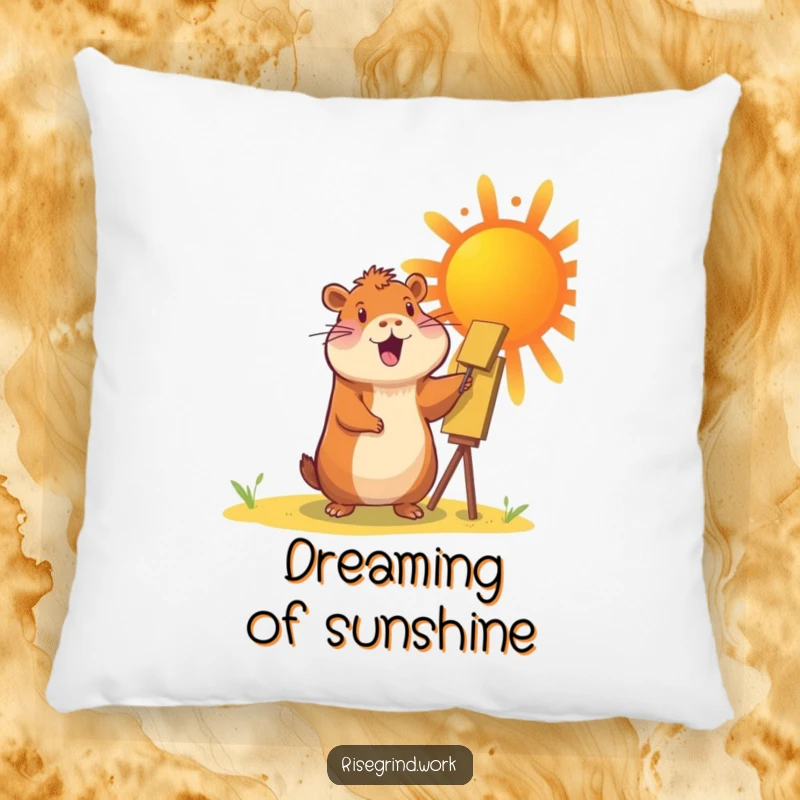 Funny Capybara Sun Painter Pillow with a cheerful capybara painting a vibrant sun.