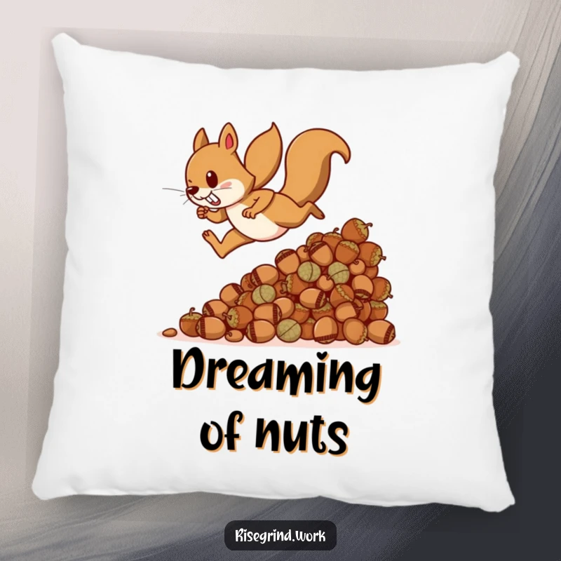 Funny squirrel pillow, featuring a determined squirrel climbing a colossal heap of acorns, offering both humor and comfort.