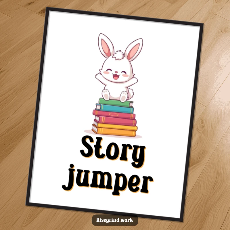 Funny Bunny Book Hopper Digital Art Print of a happy bunny hopping over a stack of colorful books.