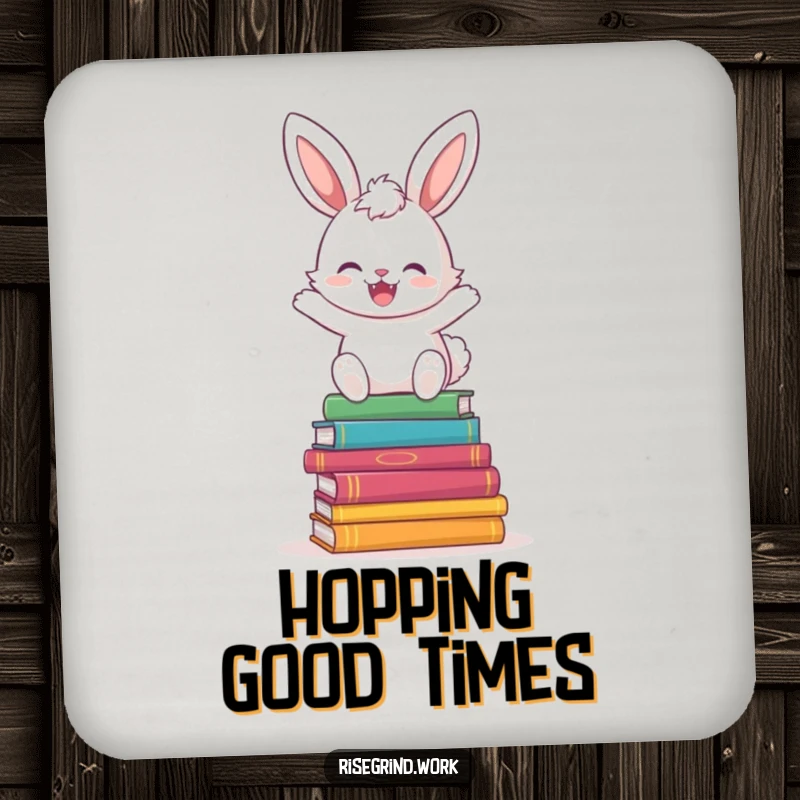 Funny Bunny Book Hopper Drink Coaster with a happy bunny hopping over colorful books.