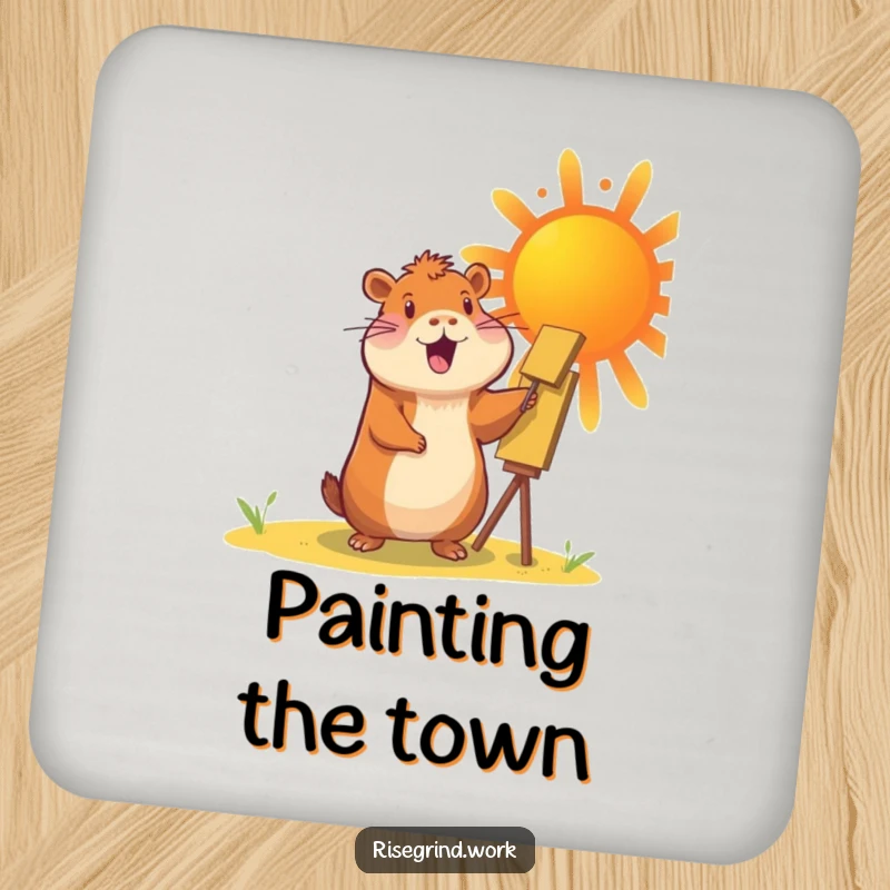 Funny Capybara Sun Painter Drink Coaster with a cheerful capybara painting a vibrant sun.