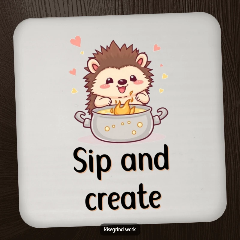 Funny hedgehog coasters, showing a happy hedgehog stirring a pot of inspiration, protecting tables with whimsical charm.