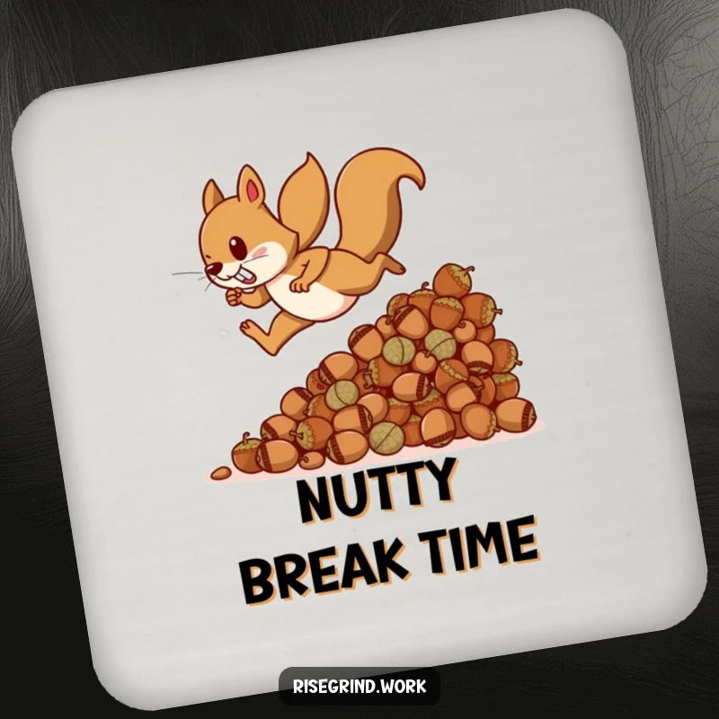 Funny squirrel coasters, showing a determined squirrel ascending a mountain of acorns, protecting tables with humor and style.