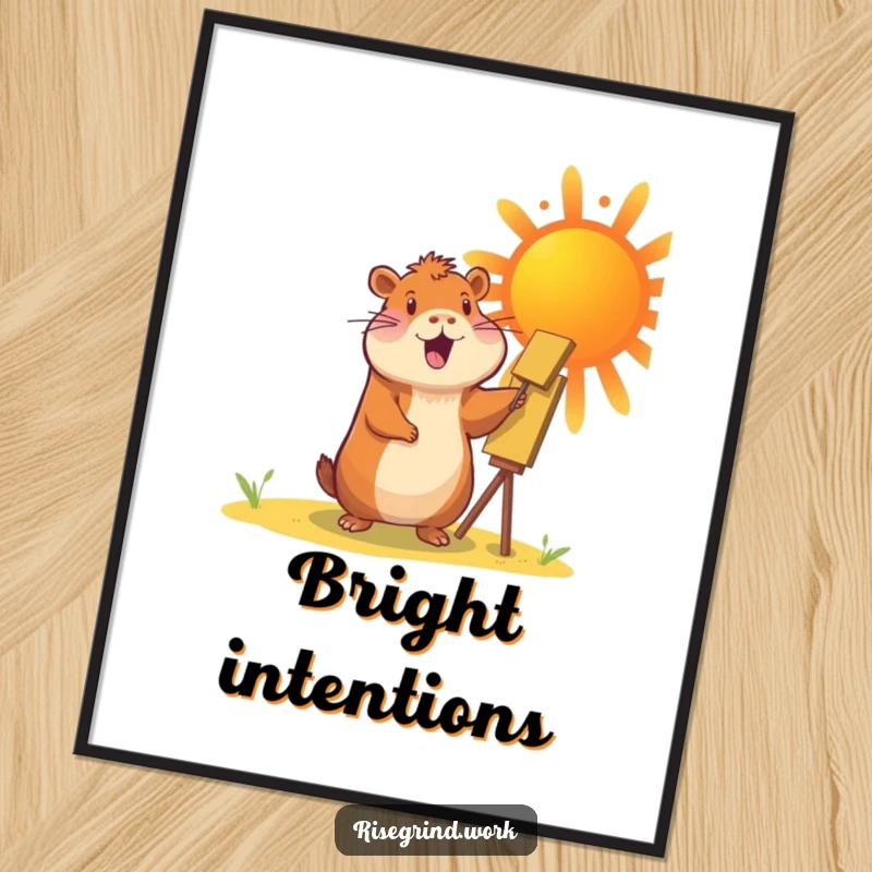 Funny Capybara Sun Painter Poster showing a cheerful capybara painting a large, vibrant sun.