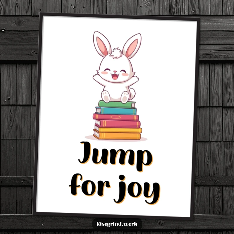 Funny Bunny Book Hopper Poster showing a happy bunny leaping over a stack of colorful books.