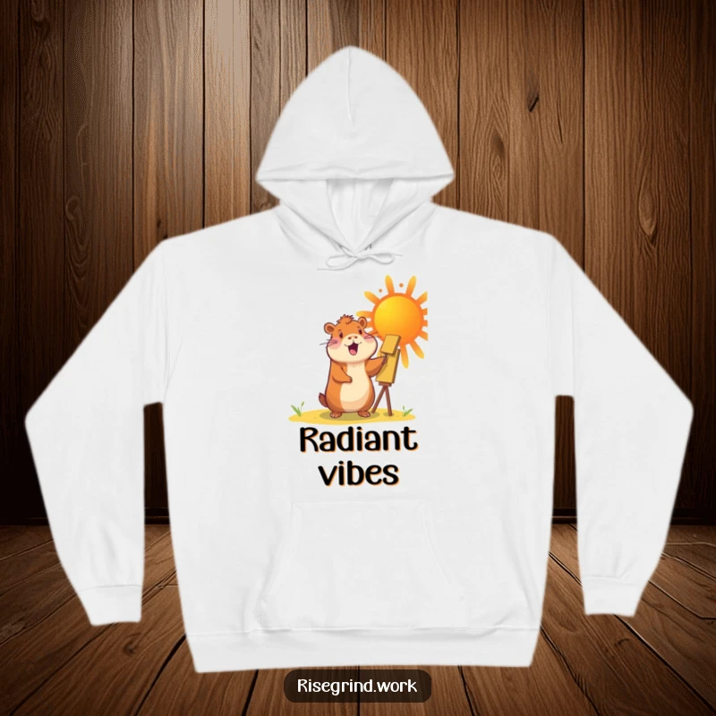 Funny Capybara Sun Painter Hoodie depicting a cheerful capybara painting a large, vibrant sun.