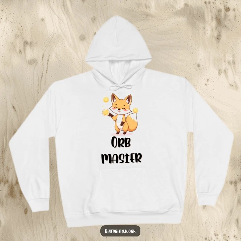 Funny Fox Juggler Hoodie depicting a playful fox juggling three radiant energy orbs.