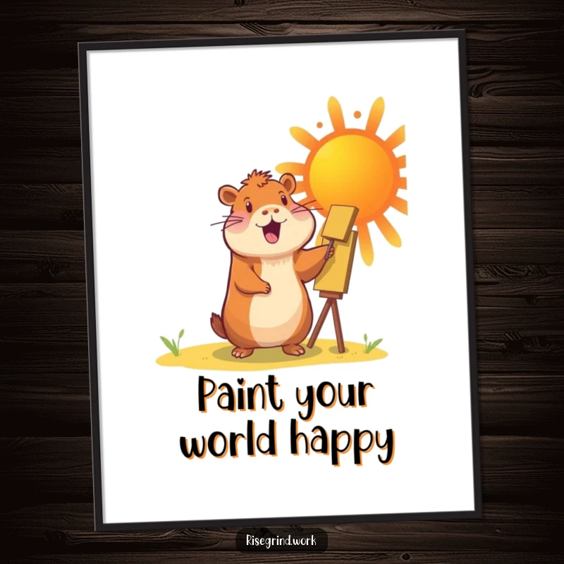 Funny Free Printable Wall Art: A content capybara enthusiastically paints a massive, radiant sun, bringing warmth and color.