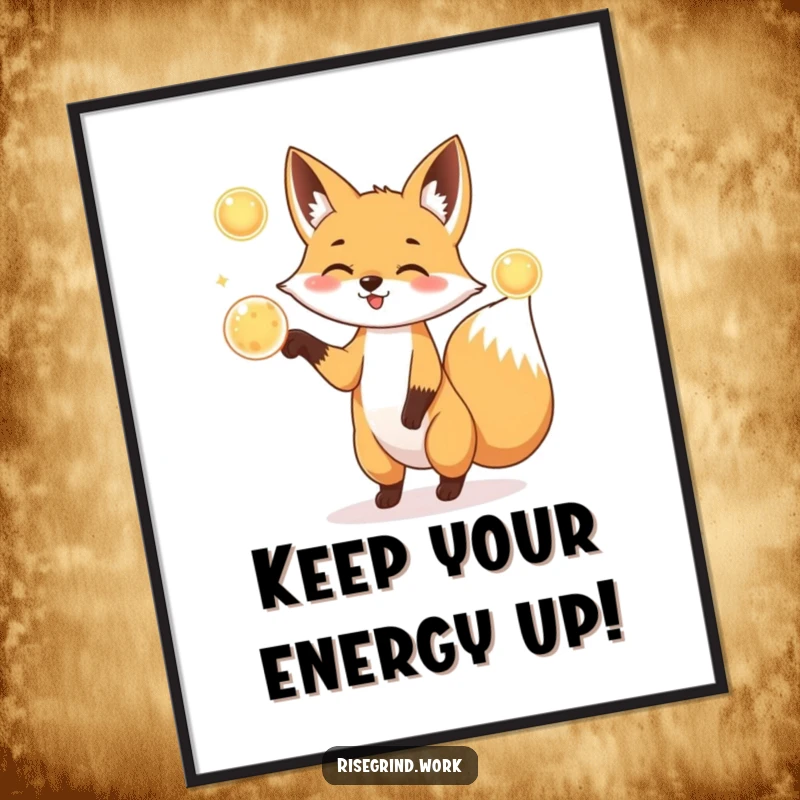 Funny Free Printable Wall Art: A playful fox is captured in motion, skillfully juggling three bright, shiny energy orbs.
