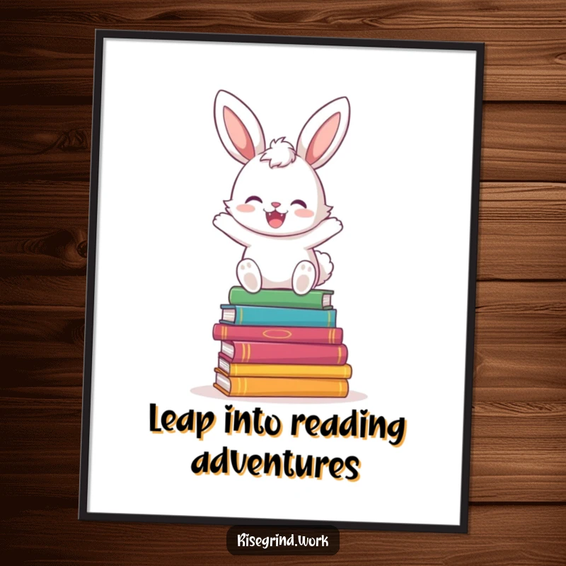 Funny Free Printable Wall Art: A fluffy bunny is captured mid-hop, joyfully leaping over a vibrant stack of colorful books.