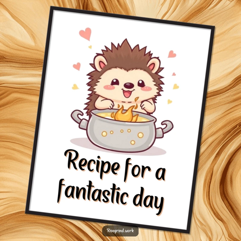 Funny Free Printable Wall Art: Amused hedgehog joyfully stirring a large, bubbling pot filled with colorful, glowing inspiration.