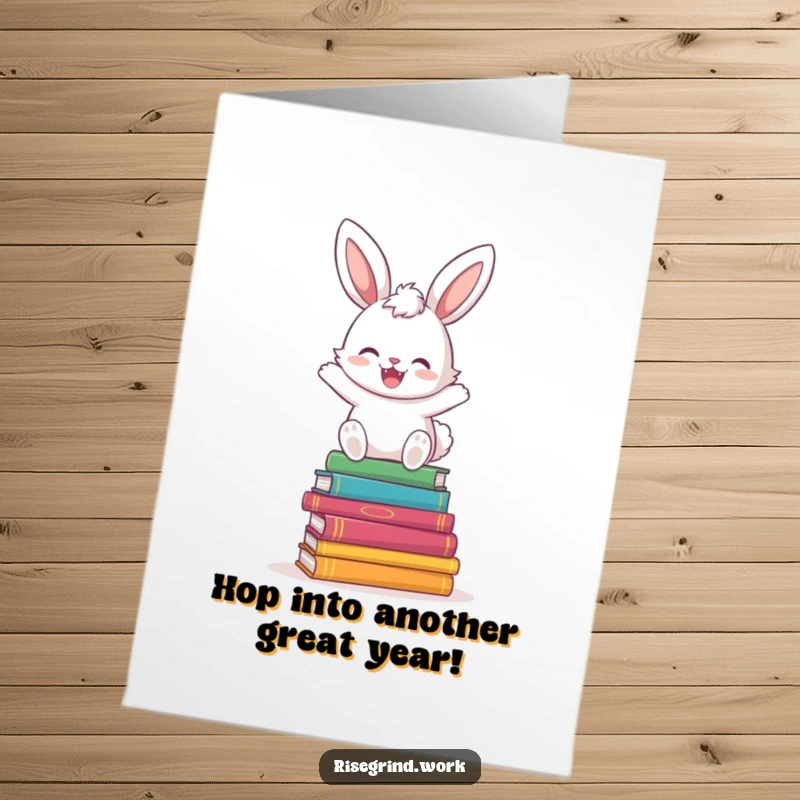 Funny Free Printable Birthday Card: A fluffy bunny joyfully hops high over a stack of colorful books, full of birthday energy.