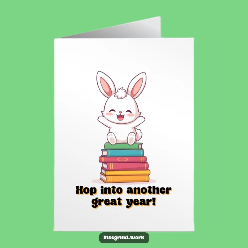 Free Printable Funny Bunny Birthday Card: Hoppy Bunny Leaping Over Books
