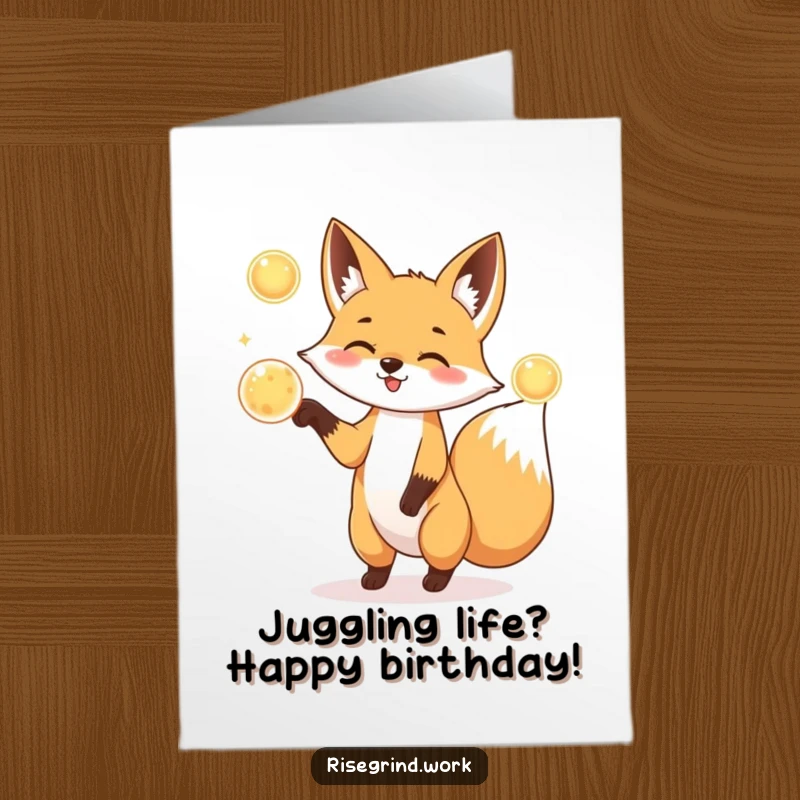 Funny Free Printable Birthday Card: A lively fox skillfully juggles three glowing, round energy orbs with energetic focus.