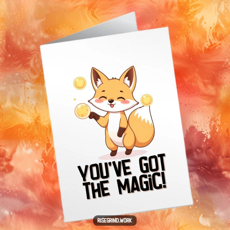 Funny Free Printable Congratulations Card: A playful fox juggles luminous energy orbs, symbolizing mastery and radiant achievement.