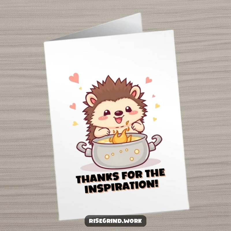 Funny Free Printable Thank You Card: Happy hedgehog stirring a pot overflowing with sparkly, inspiring gratitude.