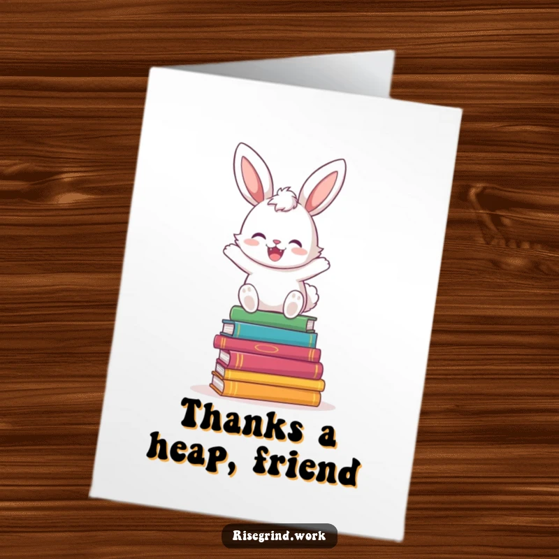 Funny Free Printable Thank You Card: A happy fluffy bunny joyfully hops over a stack of colorful books, conveying thanks.