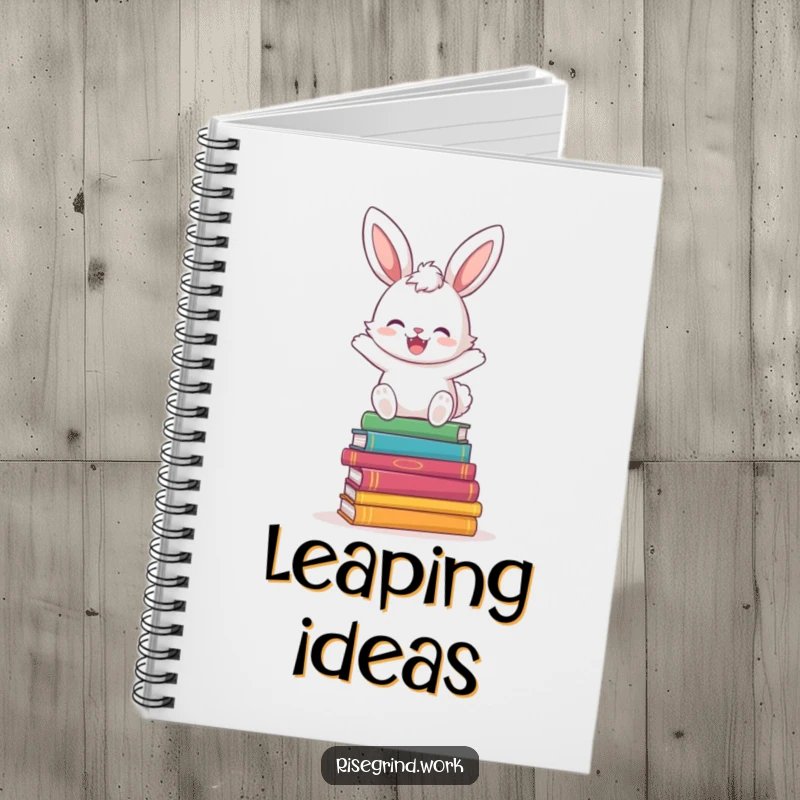 Funny Bunny Book Hopper Notebook with a happy bunny hopping over colorful books.