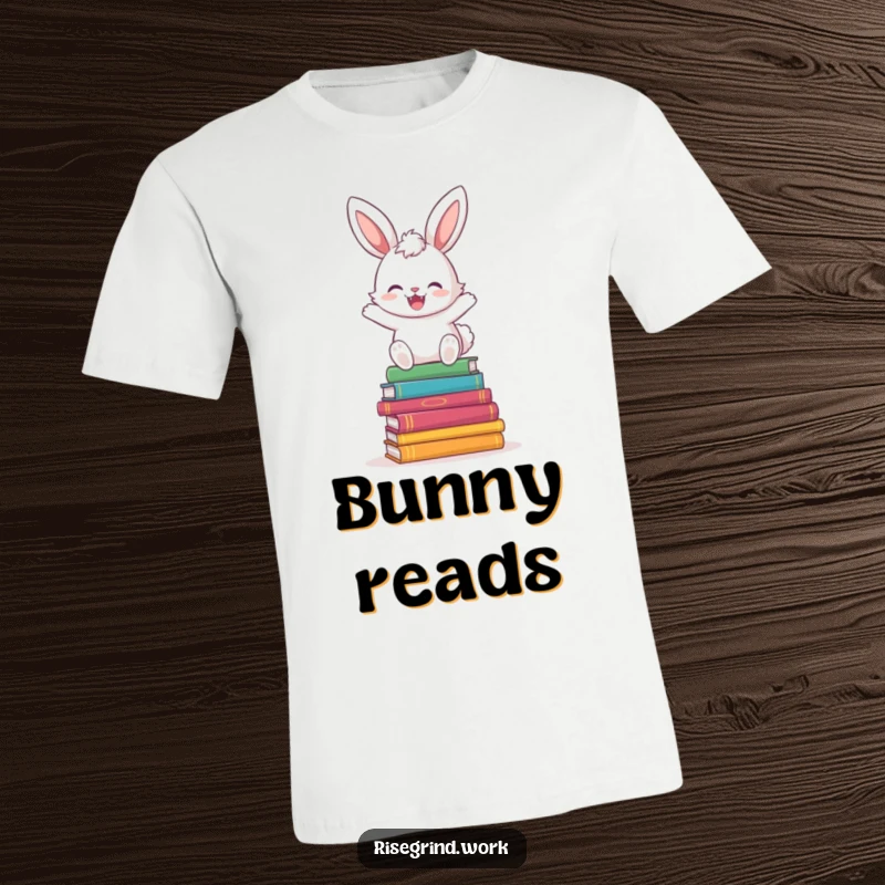 Funny Bunny Book Hopper T-Shirt featuring a cheerful bunny jumping over a stack of colorful books.