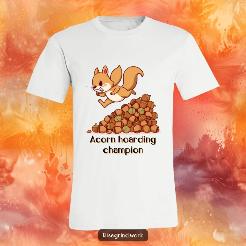 Funny squirrel t-shirt, sprinting up a massive stack of acorns, conveying extreme focus and energy, ideal for active individuals.