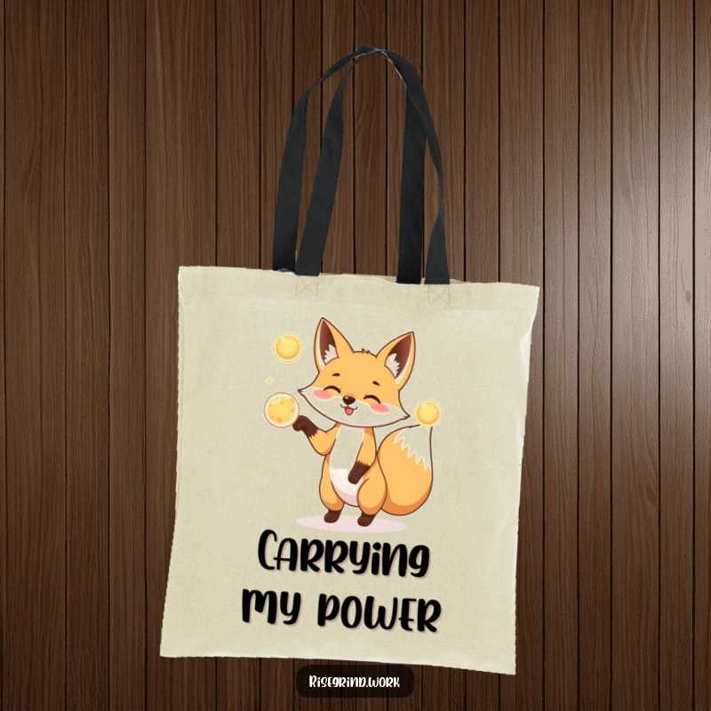 Funny Fox Juggler Tote Bag with a playful fox juggling three glowing energy orbs.